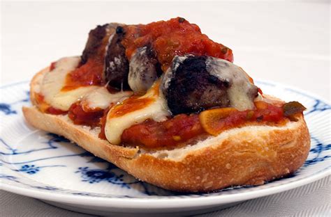 Meatball Sandwich With Tomato Sauce, 'Præstost' Cheese - On Demi-Baguette - Amazing Sandwiches ...