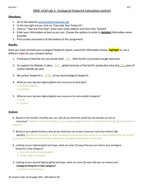 Human Footprint Worksheet Answers