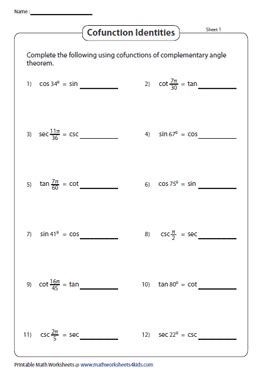 Cofunction Identities Worksheets