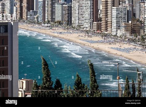 Benidorm aerial view from the cross overlooking the town, plata levante, old town and playa ...