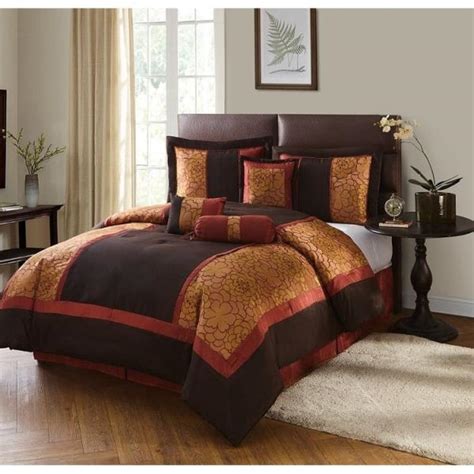 Full Queen Cal King Brown Rust Orange Floral Stripe 7 pc Comforter Set ...