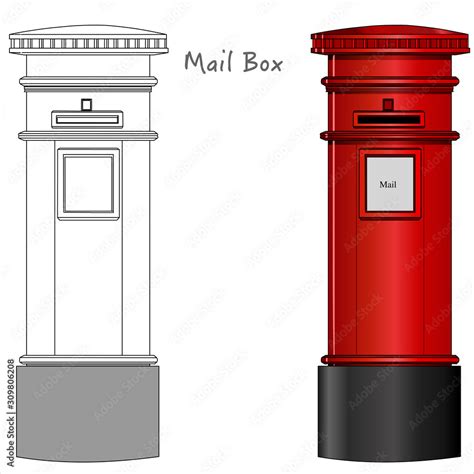 Mail box. London postbox, red mailbox. Black white, technic draw sketch ...