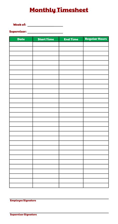 Monthly Time Sheets Printable