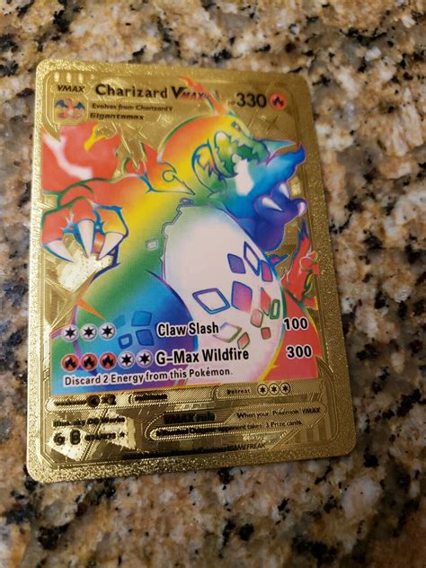 Mavin | Golden Metal Rainbow Rare Charizard Vmax Fan Art Pokemon Card