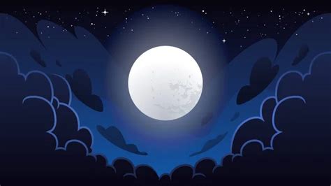 Cloudy night sky with glowing moon. Cartoon style magic night sky. Deep blue colors. Vector ...