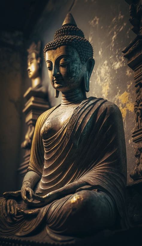 a buddha statue sitting on top of a wooden table