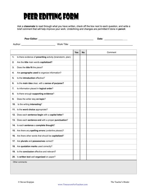 Peer Revising And Editing Checklist