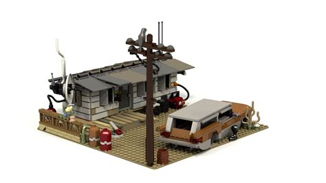 a lego model of a house with a car parked in front of it and a telephone pole on the other side