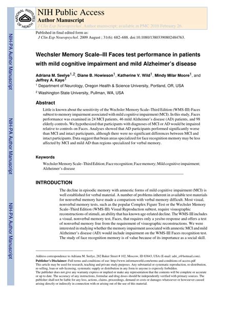 (PDF) Wechsler Memory Scale-III Faces test performance in patients with mild cognitive ...