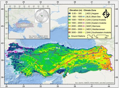 Topographic map of Turkey; division of seven climate zones and location ...