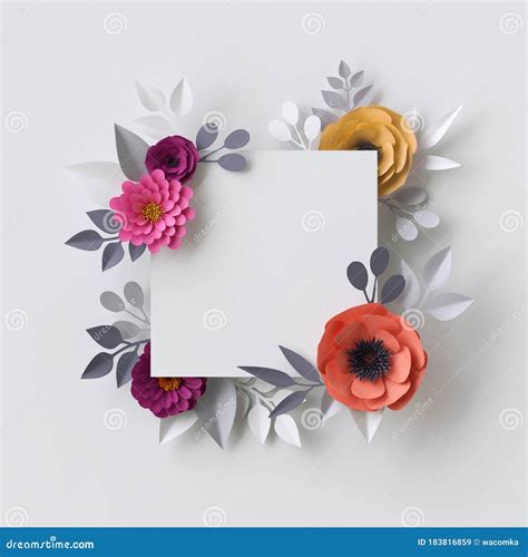 3d Render, Abstract Paper Flowers, Floral Background, Blank Square Frame, Greeting Card Template ...