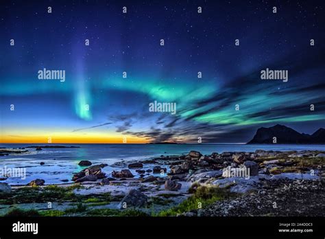 Northern lights over Myrland, Lofoten, Nordland, Norway Stock Photo - Alamy