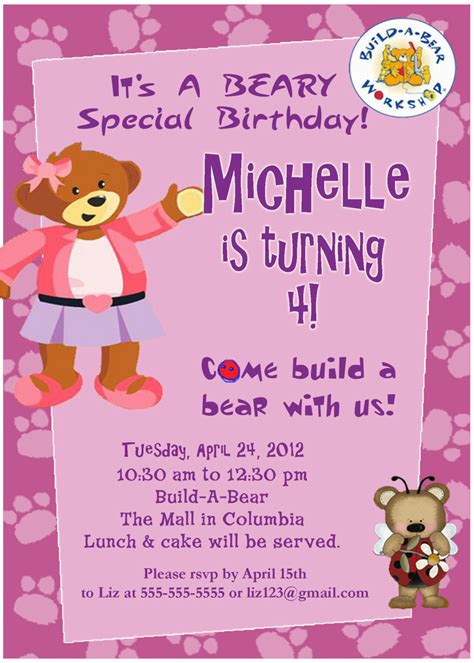 Build A Bear Birthday Party Invitations Personalized Customized Build A ...