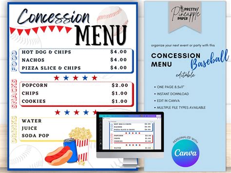 Editable Concession Stand Menu Baseball, Instant Download Canva Template, Volunteer Baseball ...