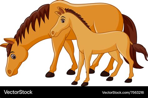 Cartoon happy brown horse with a foal Royalty Free Vector