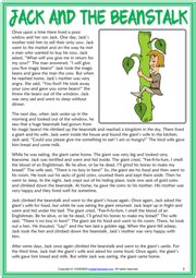 Jack and the Beanstalk ESL Reading Comprehension Worksheets