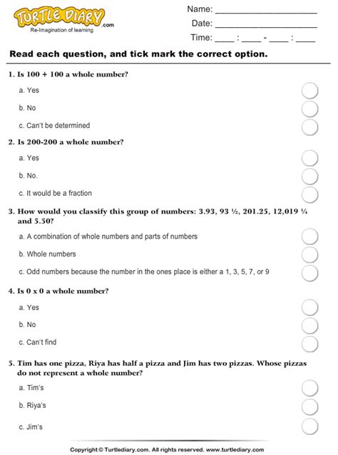 Identification of Whole Numbers | Turtle Diary Worksheet