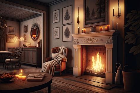 Premium AI Image | A cozy living room with a fireplace and warm ...