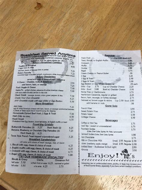 Menu at Robin's Downtown Cafe, Bradenton