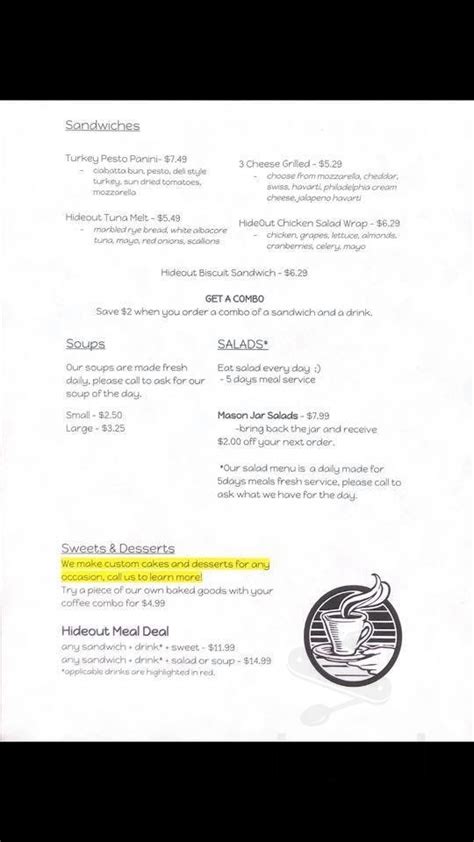 Hideout cafe menu in Windsor, Ontario, Canada