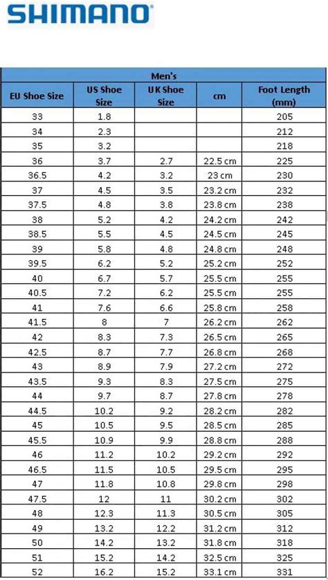 Shimano Cycling Shoes Size Chart (for both Men & Women)