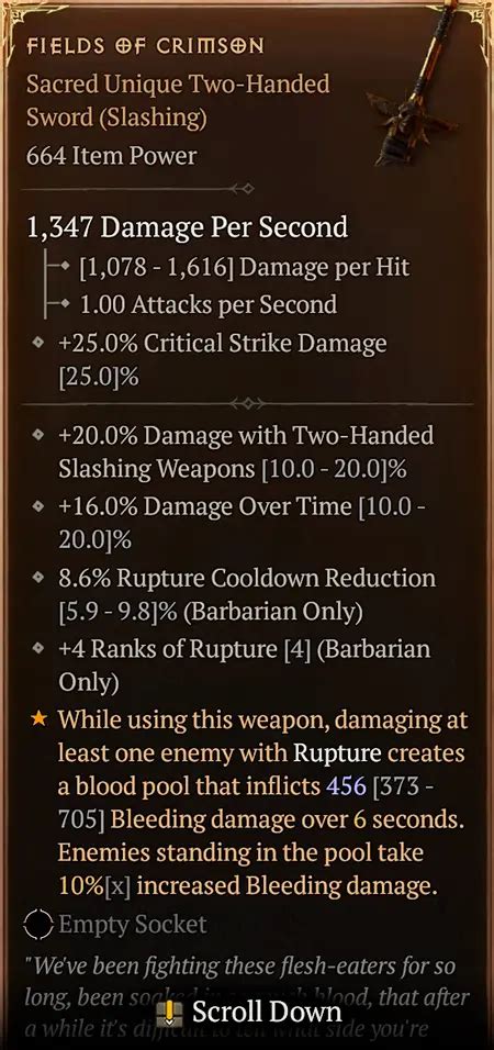 Diablo 4 Fields of Crimson stats · Unique Sword · Mythic Drop