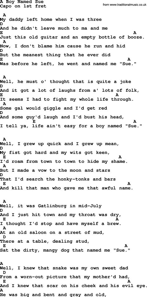 Johnny Cash song: A Boy Named Sue, lyrics and chords