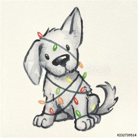 cute puppy dog wrapped in Christmas tree lights, hand painted and drawn ...