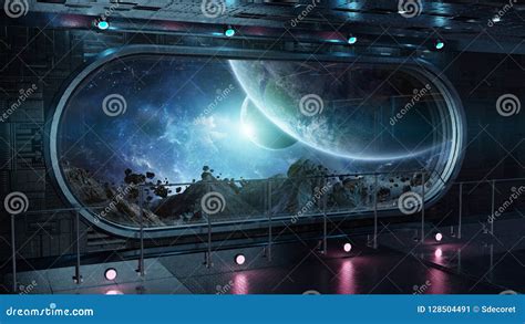 Black Tech Spaceship Round Window Interior Background 3D Rendering ...