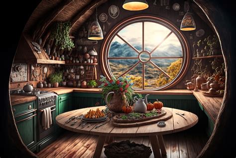 Premium Photo | Hobbit house interior food on table inside fantasy ...