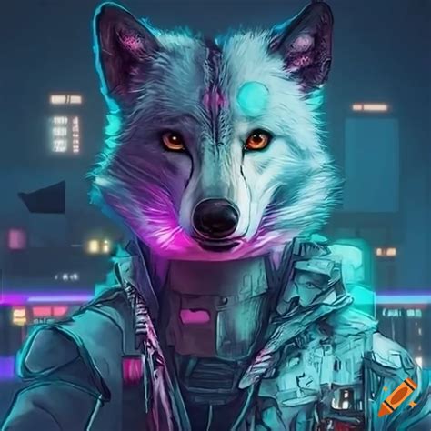 Futuristic artwork of a snow wolf and arctic fox in a cyberpunk world on Craiyon