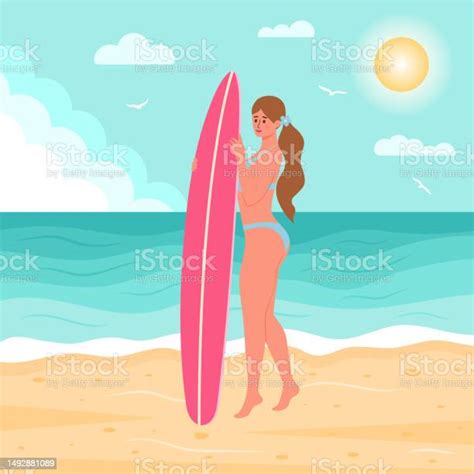 Woman In Swimsuit With Surfboard On The Beach Summertime Seascape ...