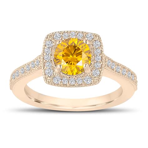 1.29 Carat Canary Yellow Diamond Engagement Ring, Wedding Ring 14K Yellow Gold Halo Pave ...