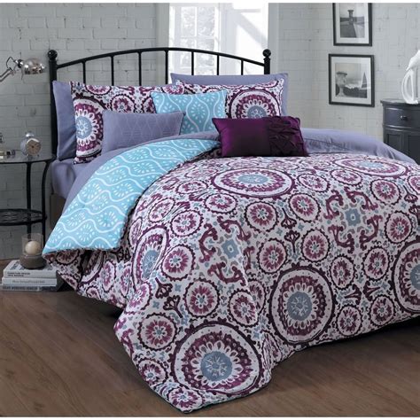 NEW Queen King Bed Bag Purple Plum Aqua Geometric Reversible 10 pc Comforter Set | Purple ...