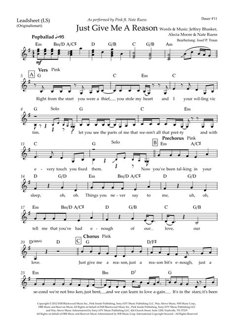 Just Give Me A Reason (arr. Josef Peter Traun) Sheet Music | Pink Featuring Nate Ruess | Lead ...