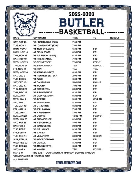 Printable 2022-2023 Butler Bulldogs Basketball Schedule