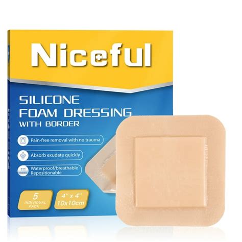 Niceful Silicone Foam Dressing 4"x4", Waterproof Foam Bandages for Pressure Ulcer, 5 Counts ...