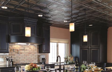 Tin ceiling tiles installed in a contemporary black kitchen. | Contemporary black kitchen ...