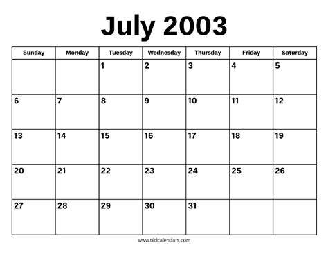 July 2003 Calendar – Printable Old Calendars