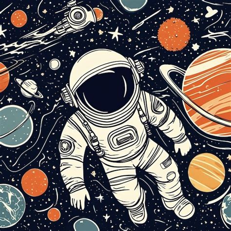 Premium AI Image | Retro illustration of astronaut in space next to several