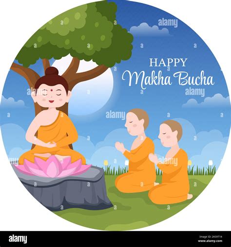 Happy Makha Bucha Day Template Hand Drawn Cartoon Flat Illustration Buddha Sitting in Lotus ...