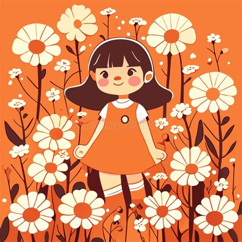 Cute Little Girl with Flowers on Orange Background, Happy Childhood ...