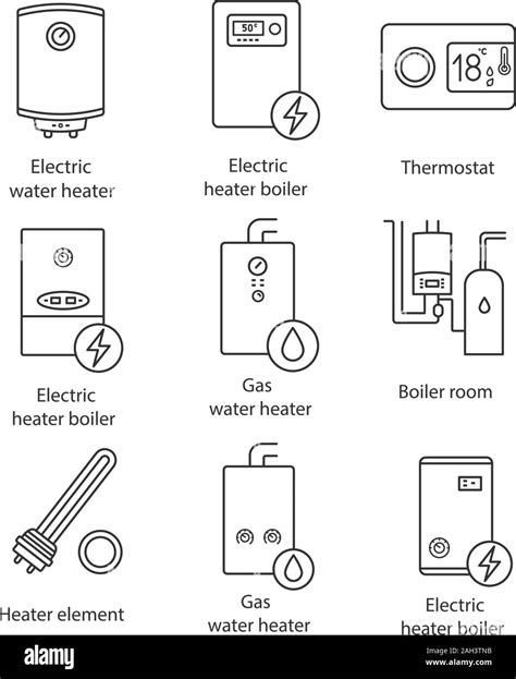 Heating linear icons set. Boilers, heaters, thermostat, boiler room ...