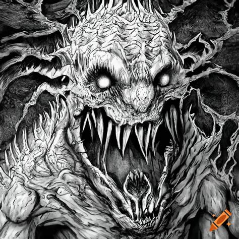 A creature, black and white, berserk, manga art style, execution, scary