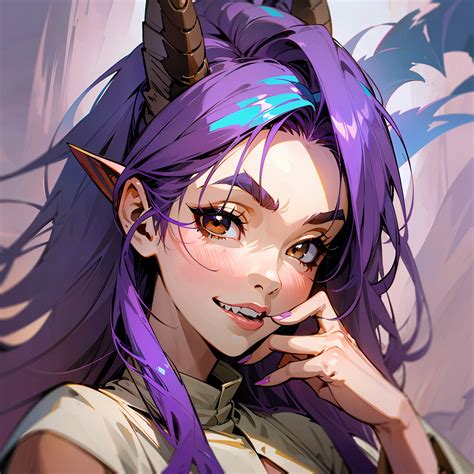 Anime girl with purple hair and horns posing for a picture - SeaArt AI