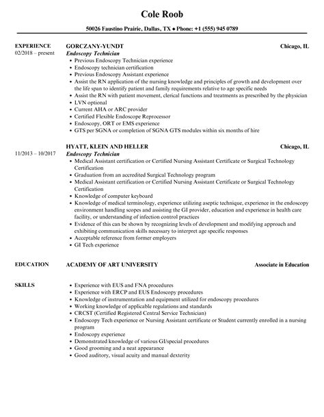 Endoscopy Technician Resume Samples | Velvet Jobs