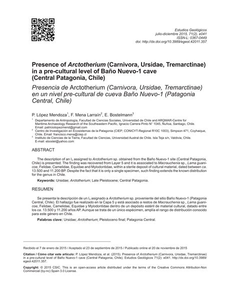 (PDF) Presence of Arctotherium (Carnivora, Ursidae, Tremarctinae) in a pre-cultural level of ...