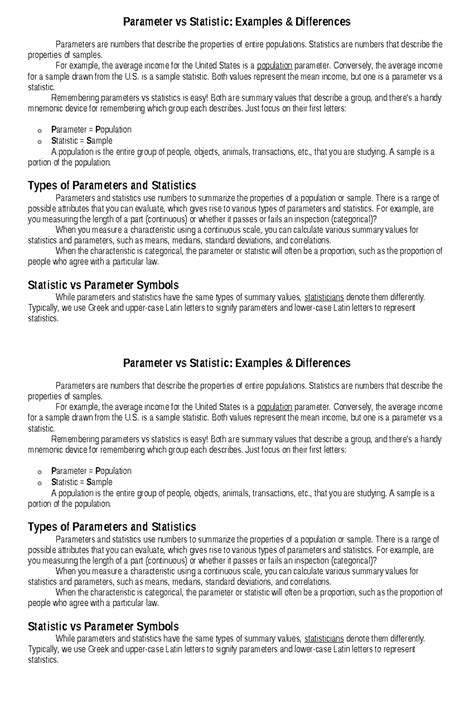 Parameter and Statistic - Parameter vs Statistic: Examples & Differences Parameters are numbers ...