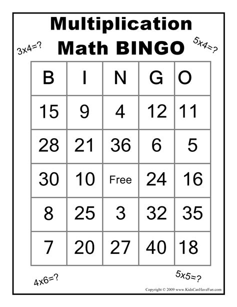 Multiplication Math BINGO Game http://www.kidscanhavefun.com/school-games.htm #math #bingo # ...
