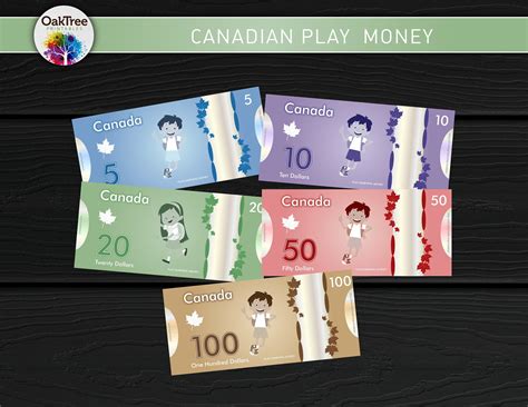 canadian play money is shown in five different colors and sizes ...